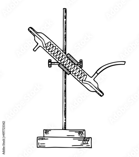 Laboratory glass flask cooler for chemistry experiments or scientific research design. Condenser. Distillation unit element. Sketch icons