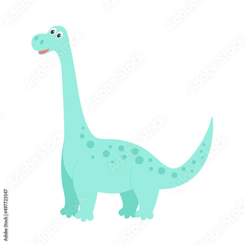 Dinosaur cute baby character isolated object. Green funny dino with long neck. Fictional animal vector illustration