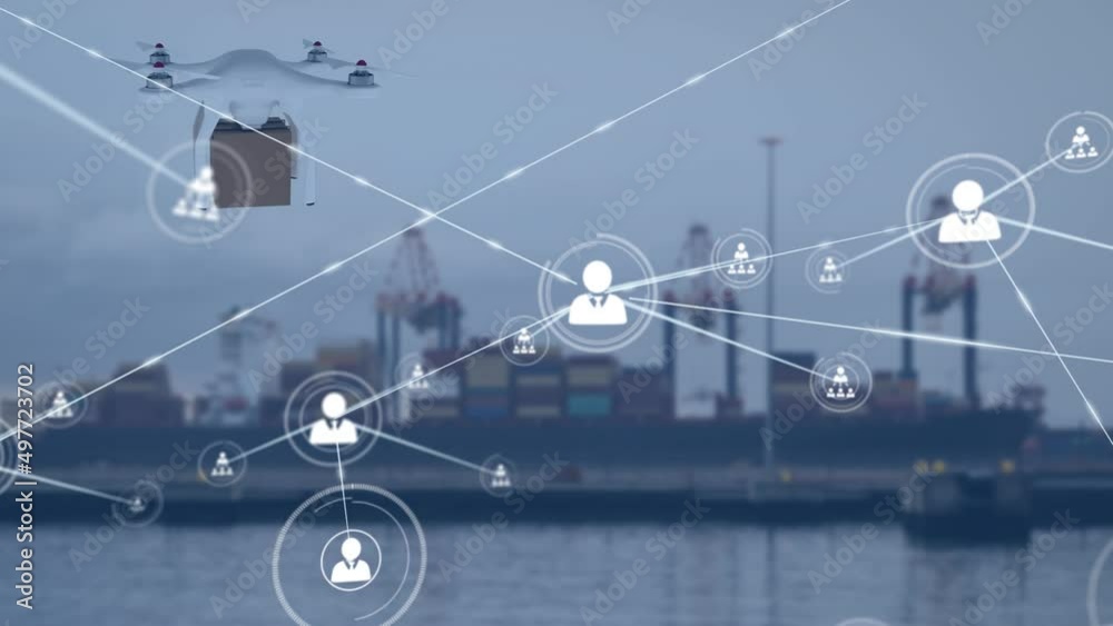 Animation of network of connections with icons and delivery drone over port