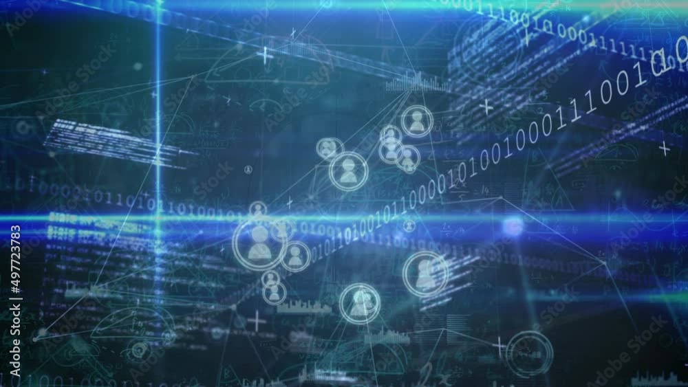 Animation of data processing, icons and scientific data on blue and black background Animation of data processing, icons and scientific data on blue and black background