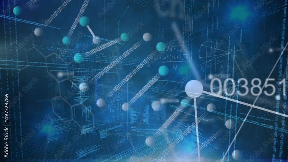 Animation of data processing, dna and scientific data on blue background Animation of data processing, dna and scientific data on blue background