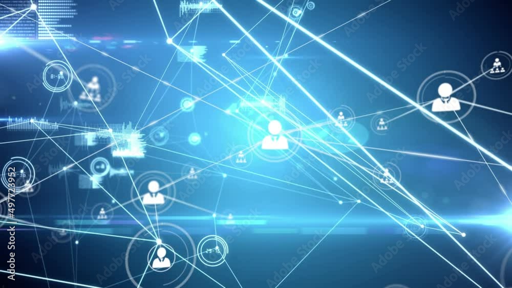 Animation of network of connections with icons over blue background Animation of network of connections with icons over blue background