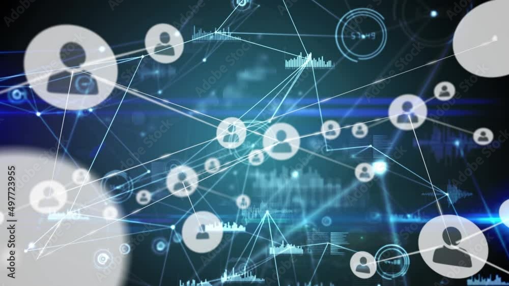 Animation of network of connections with icons over black and blue background Animation of network of connections with icons over black and blue background