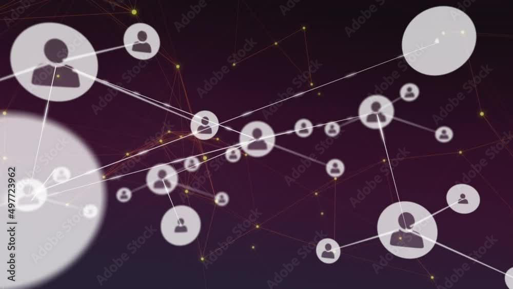 Animation of network of connections with icons over black and purple background Animation of network of connections with icons over black and purple background