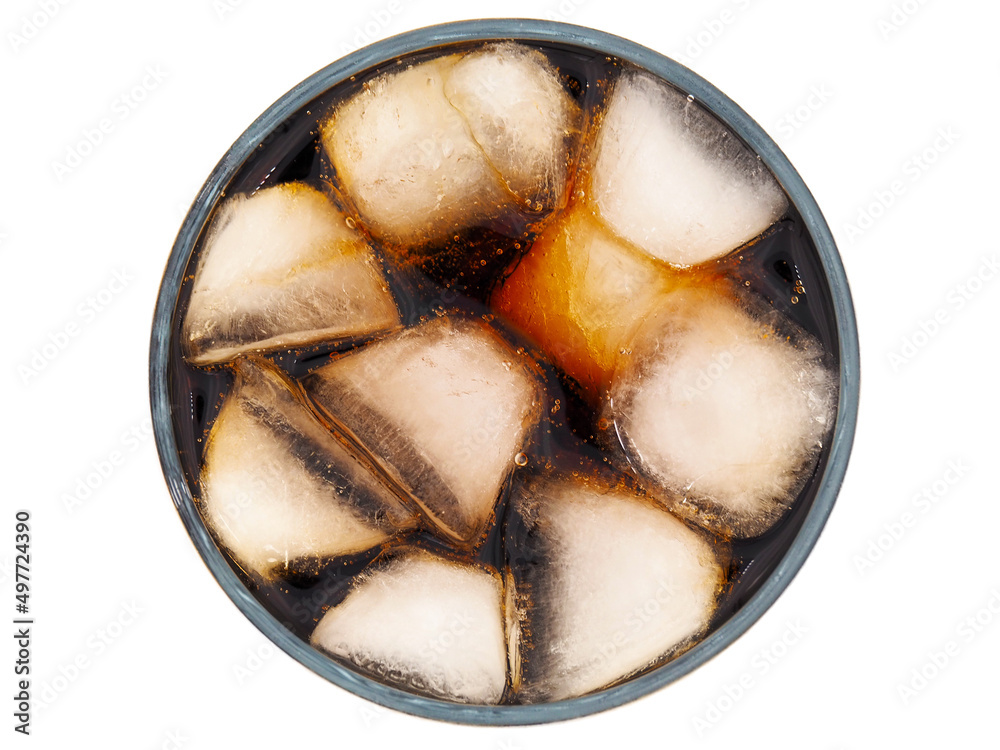 Glass of cola and ice cubes top view isolated on white background