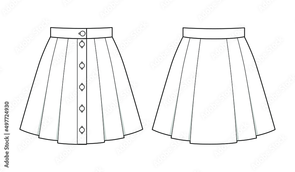 Fashion technical drawing of short skirt with buttons and pleats. A ...