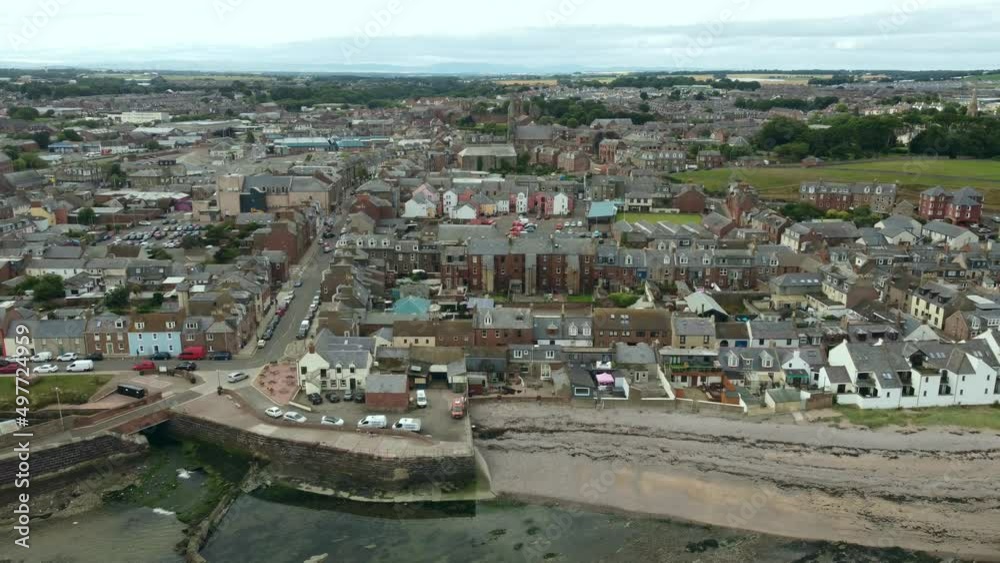Drone view of the coastal areas of a small town in Scotland.