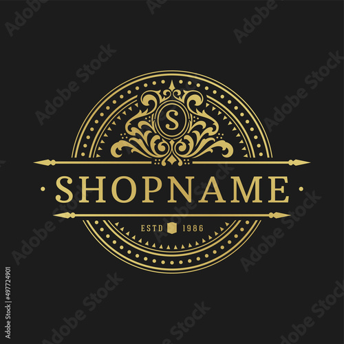 Luxury logo design template vector illustration. Victorian vignettes ornament shapes for logotype or badge design. Good for fashion boutique, alcohol or restaurant branding.