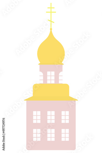 Chapel. Temple with a golden dome decorated with a cross. Vector illustration. Pink building. Color vector illustration. Isolated background. Flat style. Bright Easter. Religious motives. God's house. photo