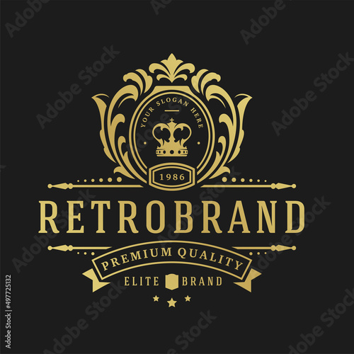 Luxury logo design template vector illustration. Victorian vignettes ornament shapes for logotype or badge design. Good for fashion boutique, alcohol or restaurant branding.