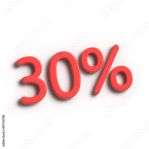 Red 30 percent symbol isolated on white background. Thirty percentage. Sale and discount concept. 3D render illustration.
