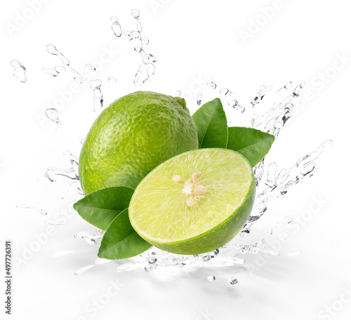 Fresh Lime fruit falling in the air with splash water isolated on white background, Lime citrus fruit on white background With clipping path.