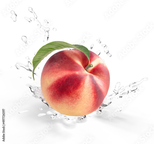 Fresh Peach falling in the air with splash water isolated on white background, Peach fruit on white background With clipping path.