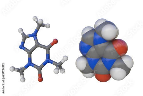 Molecular models of caffeine. Atoms are shown as spheres with conventional color coding: carbon (grey), nitrogen (blue), oxygen (red), hydrogen (white). 3d illustration photo