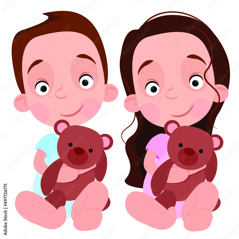 Light-skinned boy and girl with a toy teddy bear in their hands Light-skinned boy and girl with a toy teddy bear in their hands