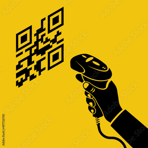 Black icon operator holds a qr-code scanner hand.