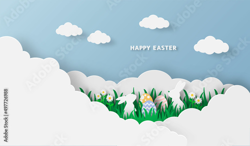 Happy Easter in paper cut style with rabbit and easter eggs in the grass. For Easter day, invitation, greeting card, posters and wallpaper. Vector illustration.