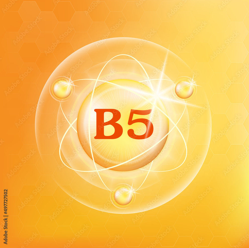 Vitamin B5 icon structure. Golden substance. 3D Vitamin complex with