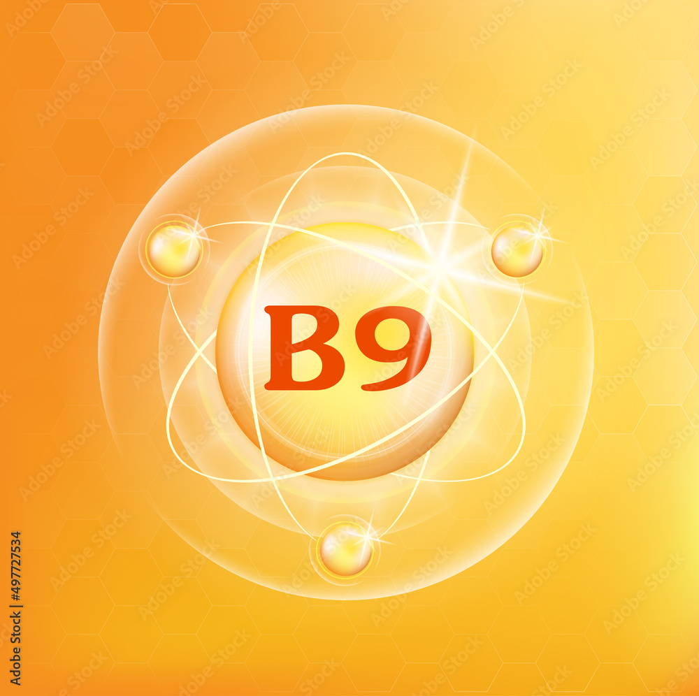 Vitamin B9 icon structure. Golden substance 3D Vitamin complex with chemical formula. Personal care, beauty concept. Medicine health symbol of thiamine. Natural chemical A vitamin. Vector Illustration