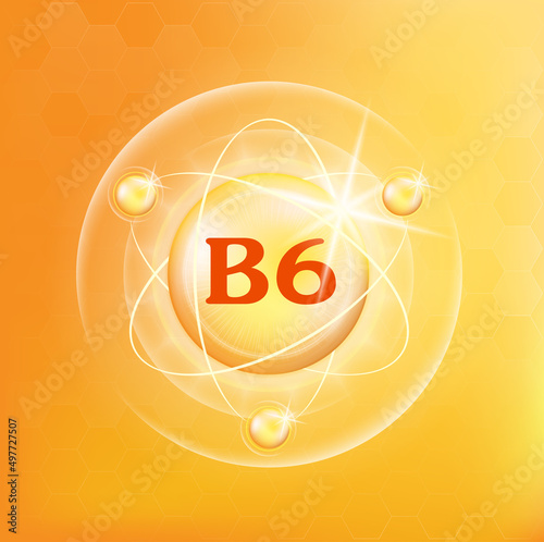 Vitamin B6 icon structure. Golden substance. 3D Vitamin complex with chemical formula. Personal care, beauty concept. Medicine health symbol of thiamine. Natural chemical  vitamin. Vector Illustration