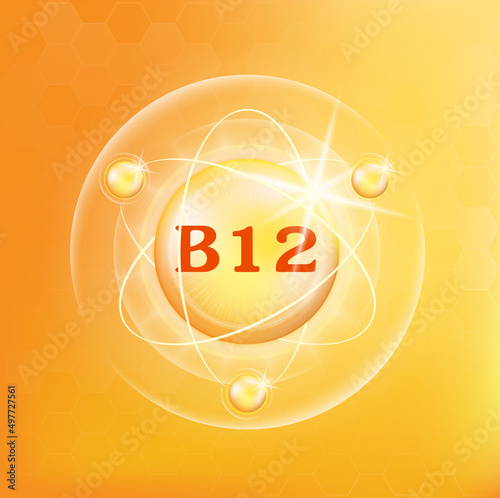 Vitamin B12 icon structure. Golden substance 3D Vitamin complex with chemical formula. Personal care, beauty concept. Medicine health symbol of thiamine. Natural chemical  vitamin  Vector Illustration