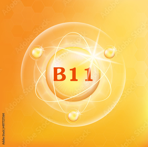 Vitamin B11 icon structure. Golden substance 3D Vitamin complex with chemical formula. Personal care, beauty concept. Medicine health symbol of thiamine Natural chemical  vitamin. Vector Illustration