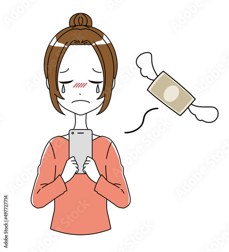 スマホを持った泣いている女性と飛んでいくお金の損失イメージのイラスト