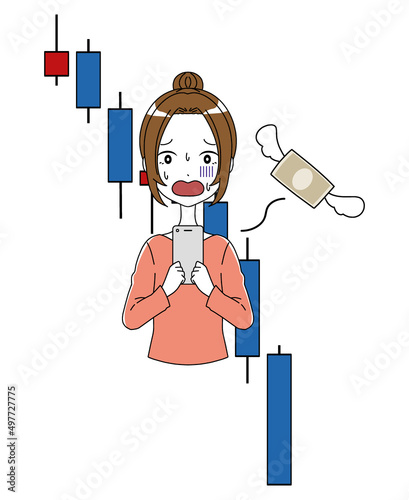 スマホを持った困った表情の女性と暴落するチャートと飛んでいくお金の損失の投資イメージのイラスト