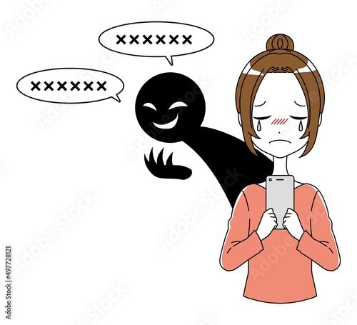 スマホを持った泣いている女性と黒い人影の誹謗中傷のイメージのイラスト