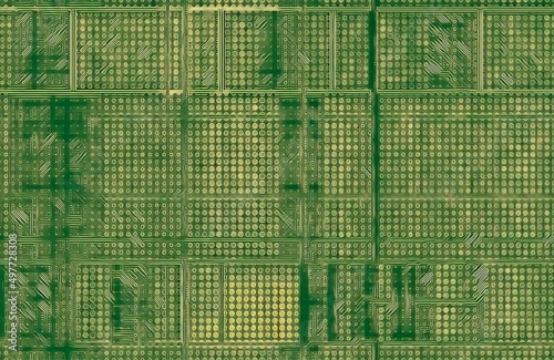 closeup of test PCB computer motherboard in shades of green in textured style