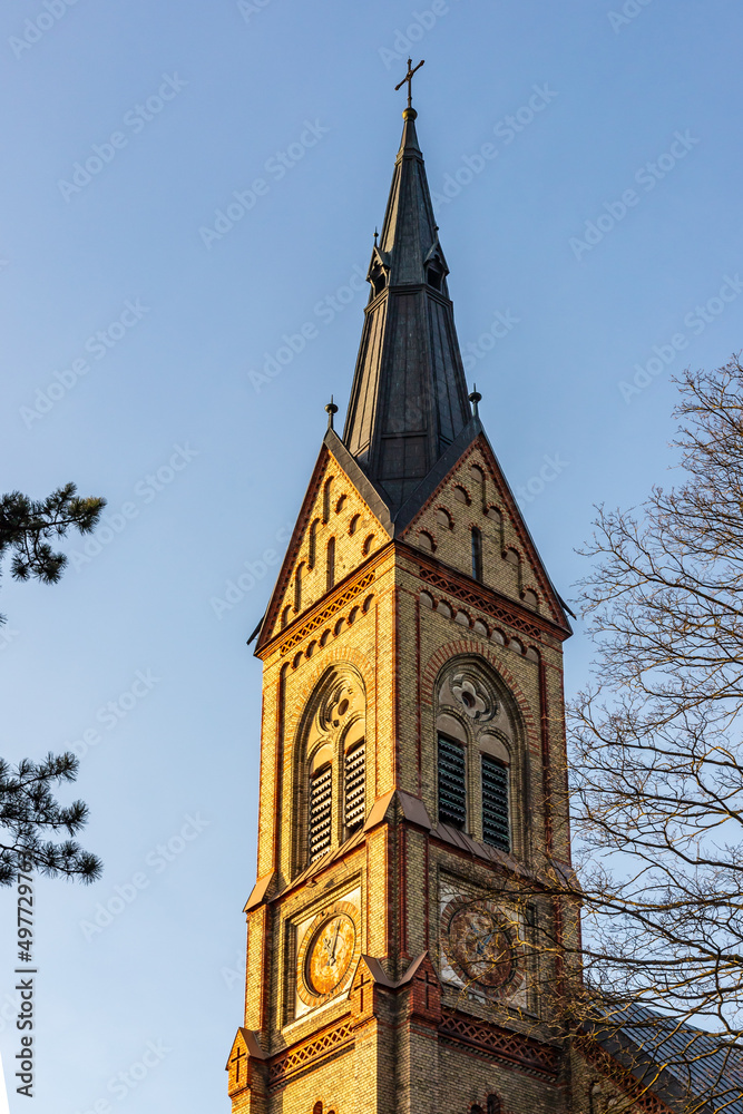 Vertical view to yellow stone church tower with metal roof with green pine tree and leafless spring branches. Torņakalns Church steeple at Riga, Latvia. Neo-gothic tall spire at sunset.