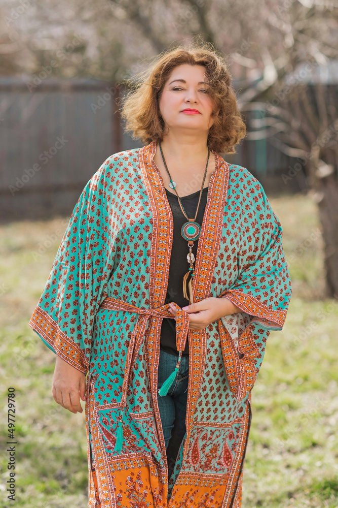 Plus size lady in and Boho ethnic style, cotton cardigan. Fashionable for women, new collection 