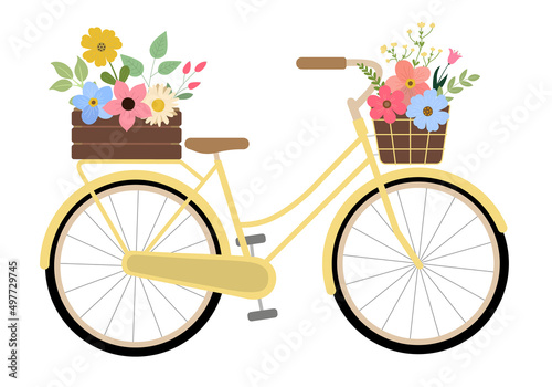 Cartoon hand drawn bike with colorful spring flowers in wood crate and basket. Isolated on white background. Retro bike carrying basket, crate with flowers and plants. Vector illustration.