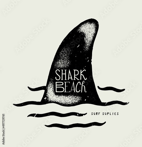 Shark beach. Shark fin vintage typography distressed silkscreen surfing t-shirt print vector illustration.