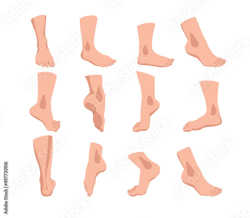 Set of feet in different angles in a cartoon style. Vector illustration of bare male and female legs on white background.