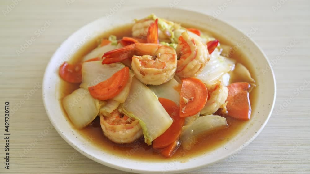stir-fried Chinese cabbage with shrimps on plate stir-fried Chinese cabbage with shrimps on plate