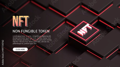 NFT isometric non fungible token, crypto art with red neon light highlights