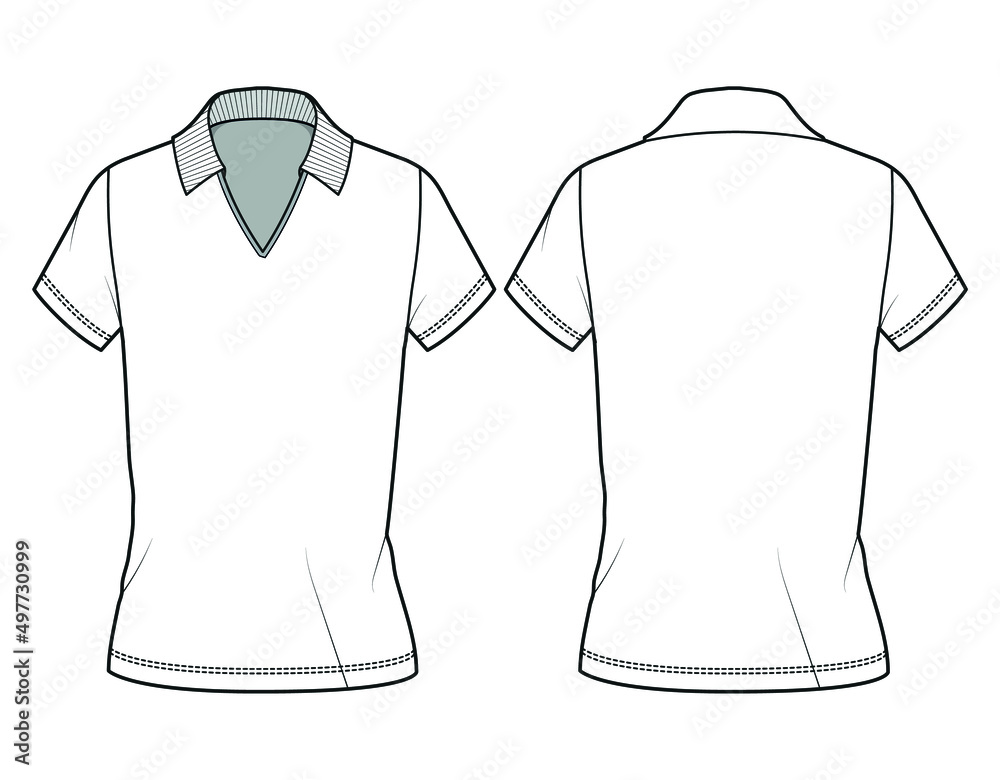 polo with v neck collar women t-shirt, ladies active wear polo with v-neck  t-shirt t-shirt Front and Back View. Fashion Illustration, Vector, CAD,  Technical Drawing, Flat Drawing. Stock Vector