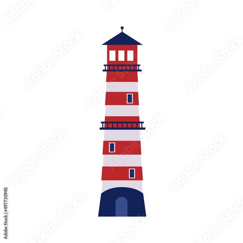 Lighthouse navigation object tower, template vector illustration isolated on white background. Beacon or flashing beacon.