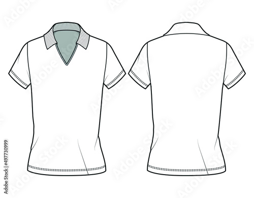 polo with v neck collar women t-shirt, ladies active wear polo with v-neck t-shirt t-shirt Front and Back View. Fashion Illustration, Vector, CAD, Technical Drawing, Flat Drawing.