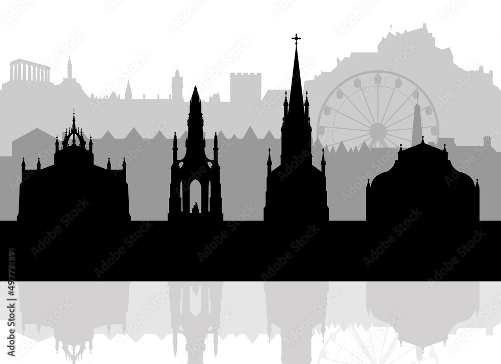 Black and white  silhouette of Edinburgh Skyline with landmarks. 
Isolated vector illustration of UK city architecture.