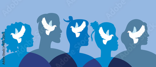 Crowd of people with dove as symbol of peace, flat vector stock illustration, concept of freedom of mankind