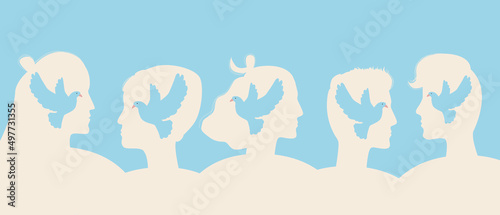 People with dove as symbol of peace, flat vector stock illustration, public organization