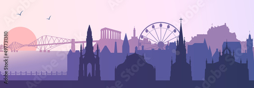 Edinburgh Skyline silhouette with landmarks. Flat vector illustration panorama of UK city architecture for banner or web site. Tourism Concept.