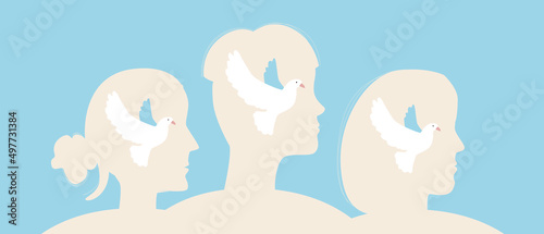 People with dove as symbol of peace, flat vector stock illustration with men and women with bird on blue background