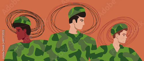 PTSD in soldiers in uniform, flat vector stock illustration with men in uniform with mental disorder