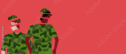 PTSD in multi-cult soldiers in military uniform, flat vector stock illustration with mental disorder or copy space pattern for design