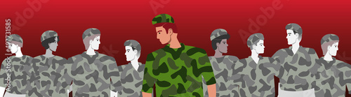 Shell-shock or stress disorder, flat vector stock illustration with surviving soldier and dead people in war