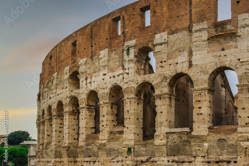 Rome, Italy Colosseum exterior view of the Flavian amphitheater upper columns without tourists, UNESCO World Heritage Site.