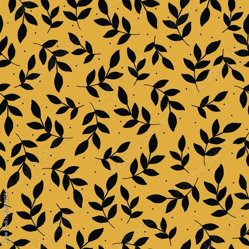 Seamless vintage pattern. Black plants , leaves and dots . yellow background. vector texture. fashionable print for textiles, wallpaper and packaging.